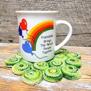 Retro 1991 Balloons and Rainbows Coffee Cup And Green Bottle Cap Hot Plate Set